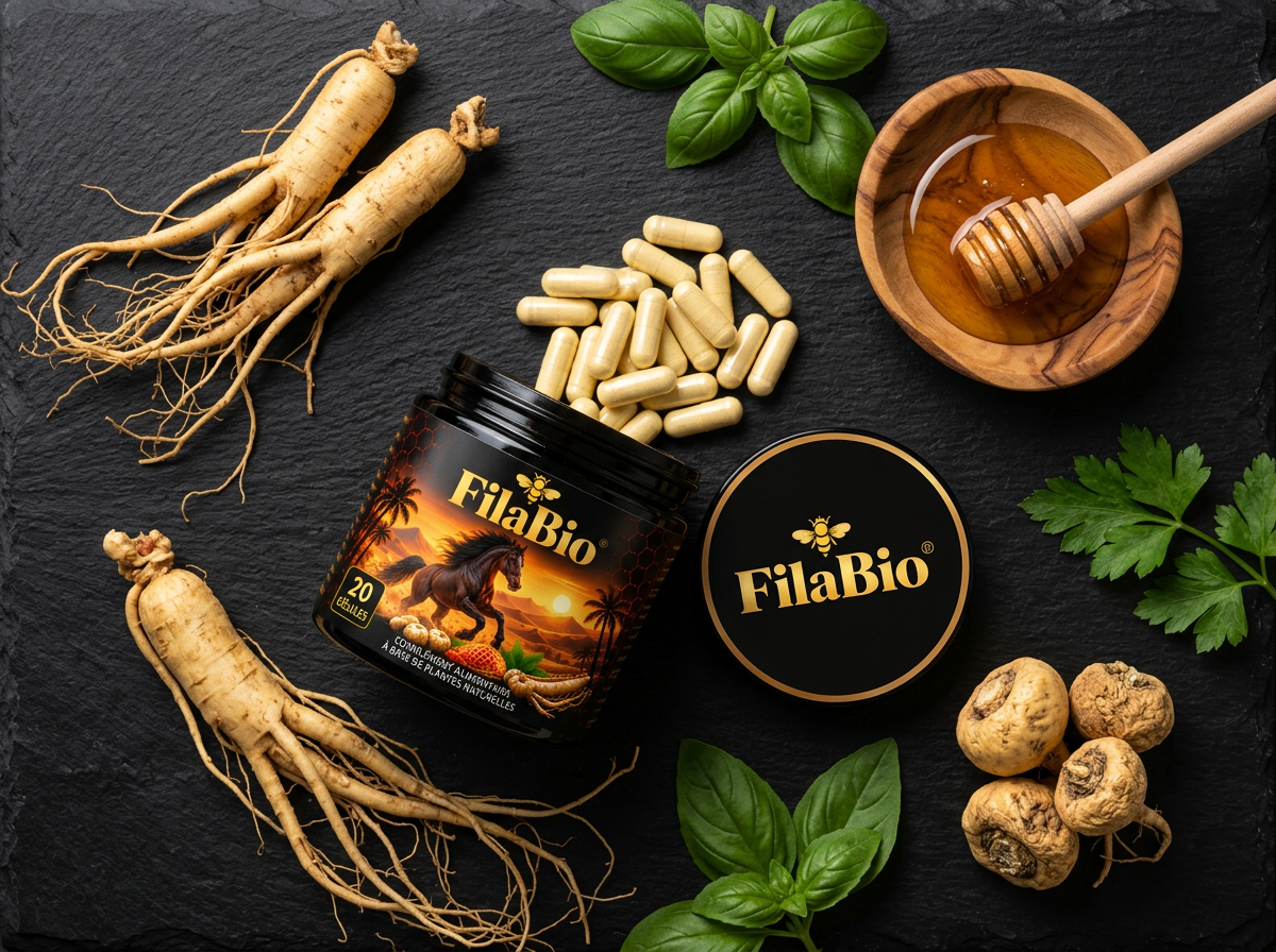 FilaBio ouvert avec gélules, ginseng, miel et herbes